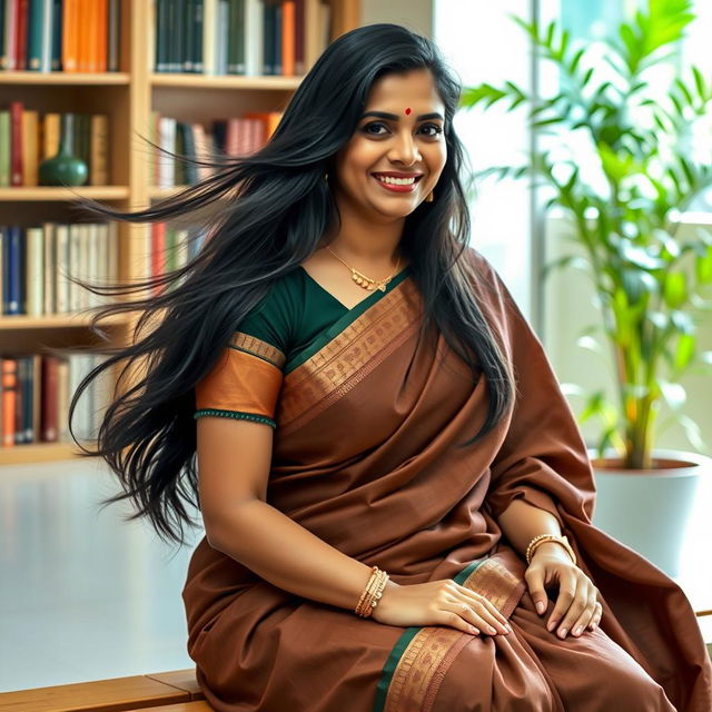 An Indian teacher with large breasts sitting gracefully on a bench, wearing a traditional saree that elegantly drapes around her figure