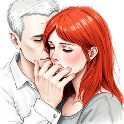 A realistic drawing of a white man with short hair gently covering the mouth of a young woman with striking red hair