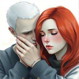 A realistic drawing of a white man with short hair gently covering the mouth of a young woman with striking red hair