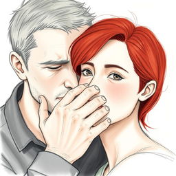 A realistic drawing of a white man with short hair gently covering the mouth of a young woman with striking red hair