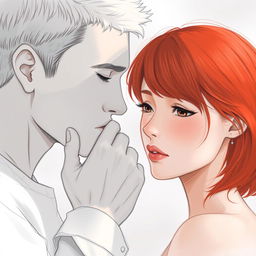 A realistic drawing of a white man with short hair gently covering the mouth of a young woman with striking red hair