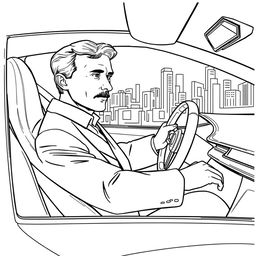 Nikola Tesla depicted driving a sleek, modern electric car