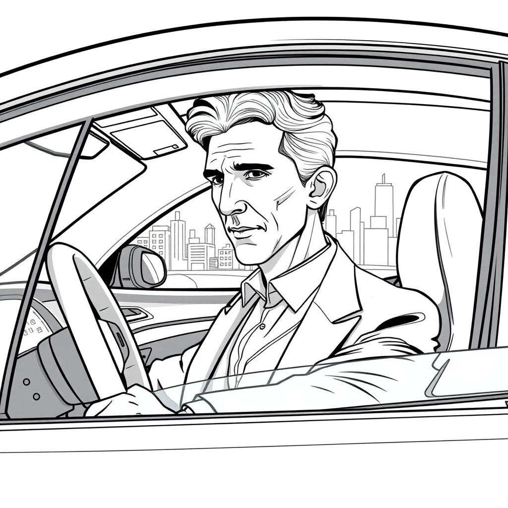 Nikola Tesla depicted driving a sleek, modern electric car