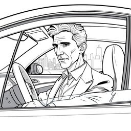 Nikola Tesla depicted driving a sleek, modern electric car