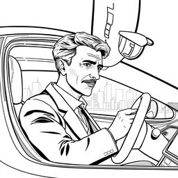 Nikola Tesla depicted driving a sleek, modern electric car