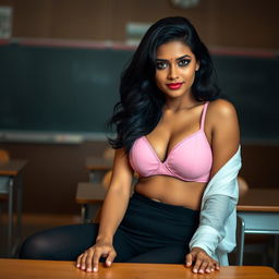 An Indian teacher sits confidently at a school table, wearing a sexy pink bra and black panties