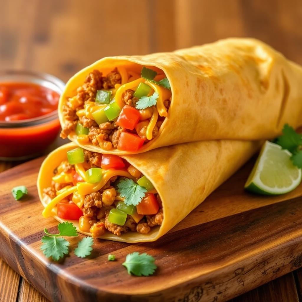 A delectable image of the Nacho Cheese Beef Wrap, showcasing the fusion of creamy nacho cheese, spicy ground beef, and crunchy Doritos, wrapped in a soft golden-brown tortilla