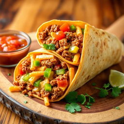 A delectable image of the Nacho Cheese Beef Wrap, showcasing the fusion of creamy nacho cheese, spicy ground beef, and crunchy Doritos, wrapped in a soft golden-brown tortilla