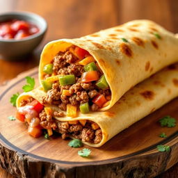 A delectable image of the Nacho Cheese Beef Wrap, showcasing the fusion of creamy nacho cheese, spicy ground beef, and crunchy Doritos, wrapped in a soft golden-brown tortilla