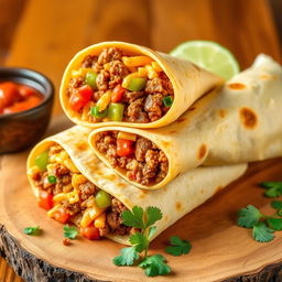 A delectable image of the Nacho Cheese Beef Wrap, showcasing the fusion of creamy nacho cheese, spicy ground beef, and crunchy Doritos, wrapped in a soft golden-brown tortilla