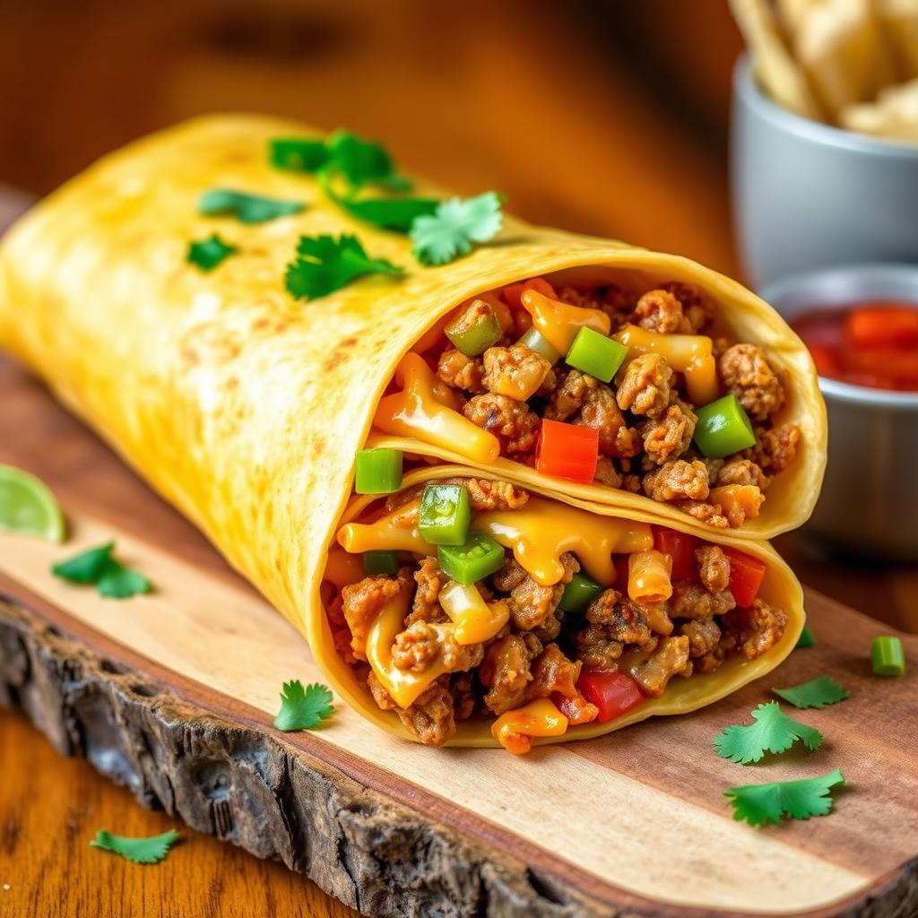 A delectable image of the Nacho Cheese Beef Wrap, showcasing the fusion of creamy nacho cheese, spicy ground beef, and crunchy Doritos, wrapped in a soft golden-brown tortilla