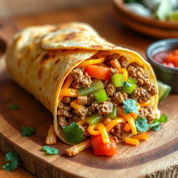 A delectable image of the Nacho Cheese Beef Wrap, showcasing the fusion of creamy nacho cheese, spicy ground beef, and crunchy Doritos, wrapped in a soft golden-brown tortilla