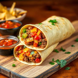 A delectable image of the Nacho Cheese Beef Wrap, showcasing the fusion of creamy nacho cheese, spicy ground beef, and crunchy Doritos, wrapped in a soft golden-brown tortilla