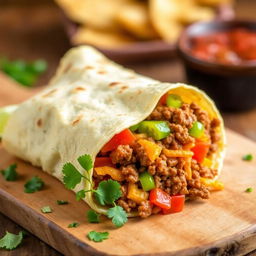 A delectable image of the Nacho Cheese Beef Wrap, showcasing the fusion of creamy nacho cheese, spicy ground beef, and crunchy Doritos, wrapped in a soft golden-brown tortilla