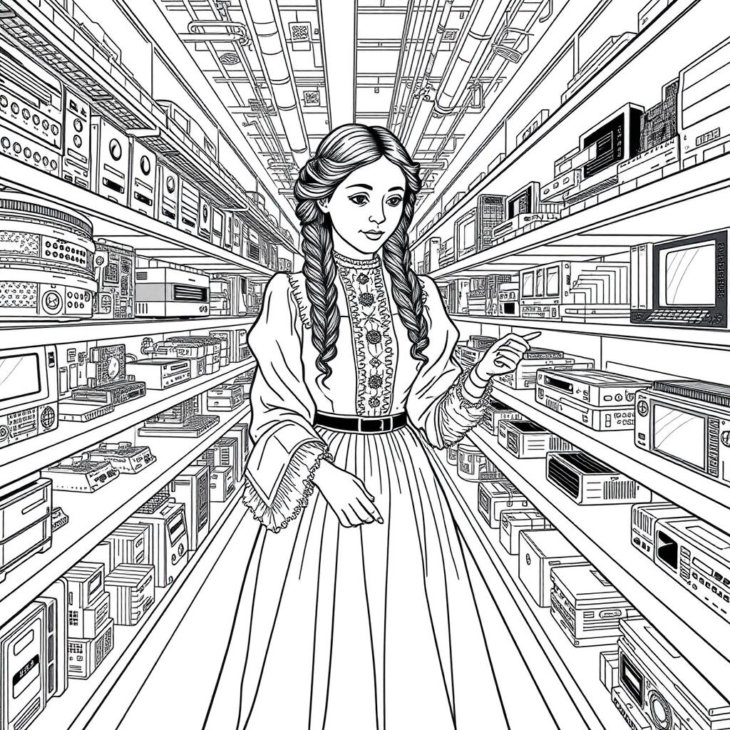 Ada Lovelace depicted shopping for electronic components in a modern technology store