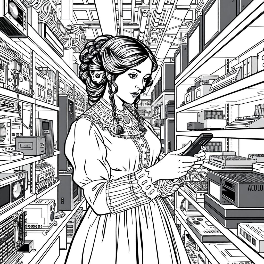 Ada Lovelace depicted shopping for electronic components in a modern technology store