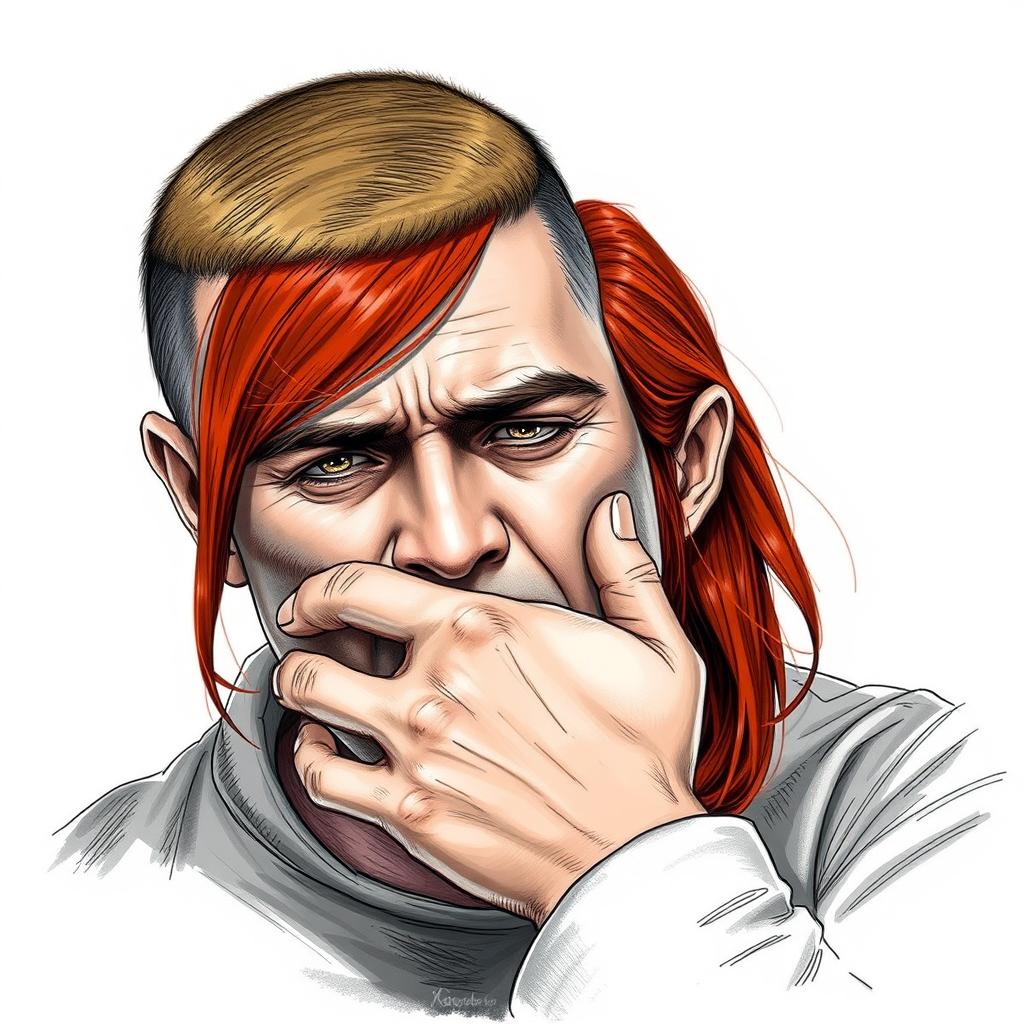 A realistic drawing of a man with a buzzed top fade hairstyle, covering the mouth of a crying red-haired woman