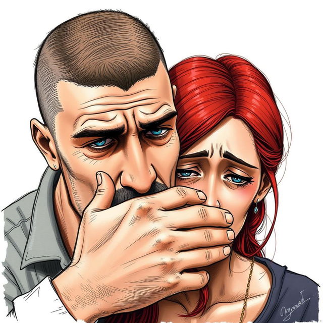 A realistic drawing of a man with a buzzed top fade hairstyle, covering the mouth of a crying red-haired woman