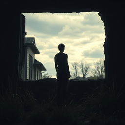 a poignant and emotional representation of a broken home, with a dilapidated house in the background, shattered windows, and overgrown weeds