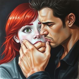 A realistic drawing of a man gently covering the mouth of a red-haired woman