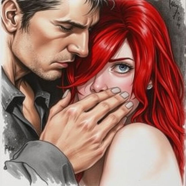 A realistic drawing of a man gently covering the mouth of a red-haired woman