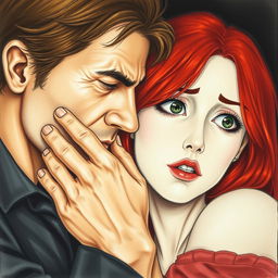 A realistic drawing of a man gently covering the mouth of a red-haired woman