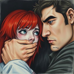 A realistic drawing of a man gently covering the mouth of a red-haired woman