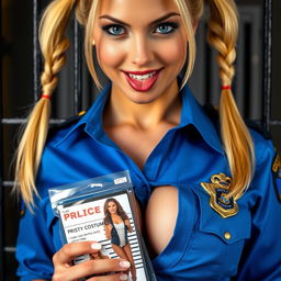 extreme close-up of a beautiful police officer with blond pigtails, wearing a blue uniform shirt tied in the front, revealing her police badge and a large chest with pronounced cleavage