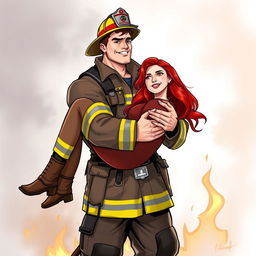 A strong and handsome firefighter holding a red-haired woman, both portrayed in a realistic drawing style