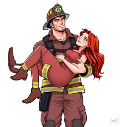 A strong and handsome firefighter holding a red-haired woman, both portrayed in a realistic drawing style