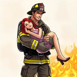 A strong and handsome firefighter holding a red-haired woman, both portrayed in a realistic drawing style