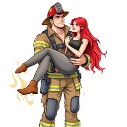 A strong and handsome firefighter holding a red-haired woman, both portrayed in a realistic drawing style