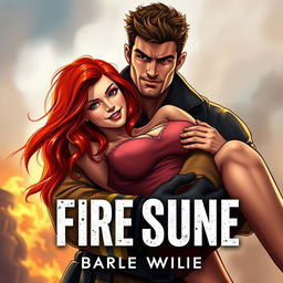 A strong and handsome firefighter holding a red-haired woman, with a realistic art style that captures the intensity and emotion of the moment