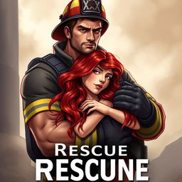 A strong and handsome firefighter holding a red-haired woman, with a realistic art style that captures the intensity and emotion of the moment