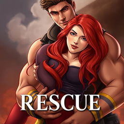 A strong and handsome firefighter holding a red-haired woman, with a realistic art style that captures the intensity and emotion of the moment