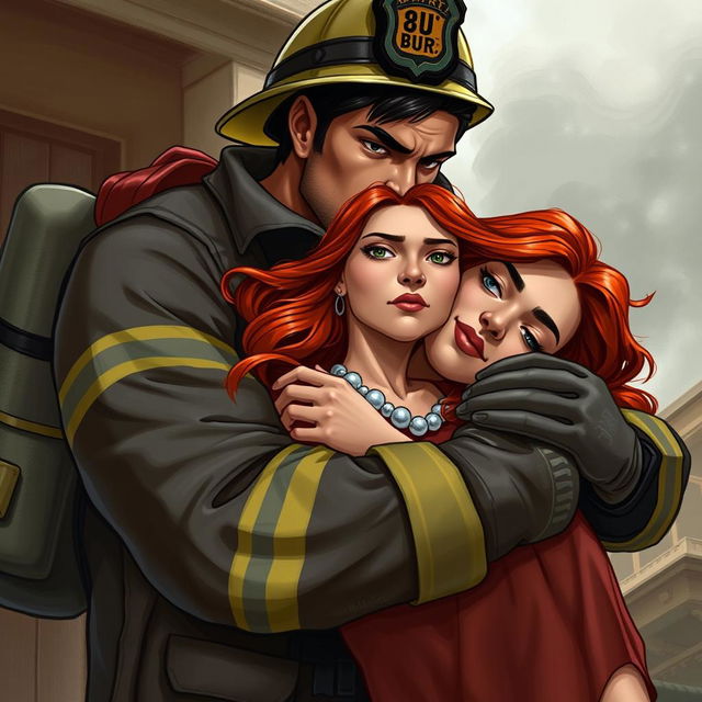 A strong and handsome firefighter holding a red-haired woman, with a realistic art style that captures the intensity and emotion of the moment