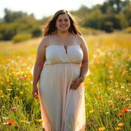 A beautiful and confident chubby woman standing in a sunlit meadow, surrounded by colorful wildflowers