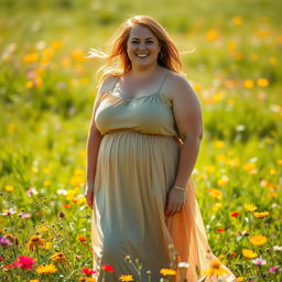 A beautiful and confident chubby woman standing in a sunlit meadow, surrounded by colorful wildflowers