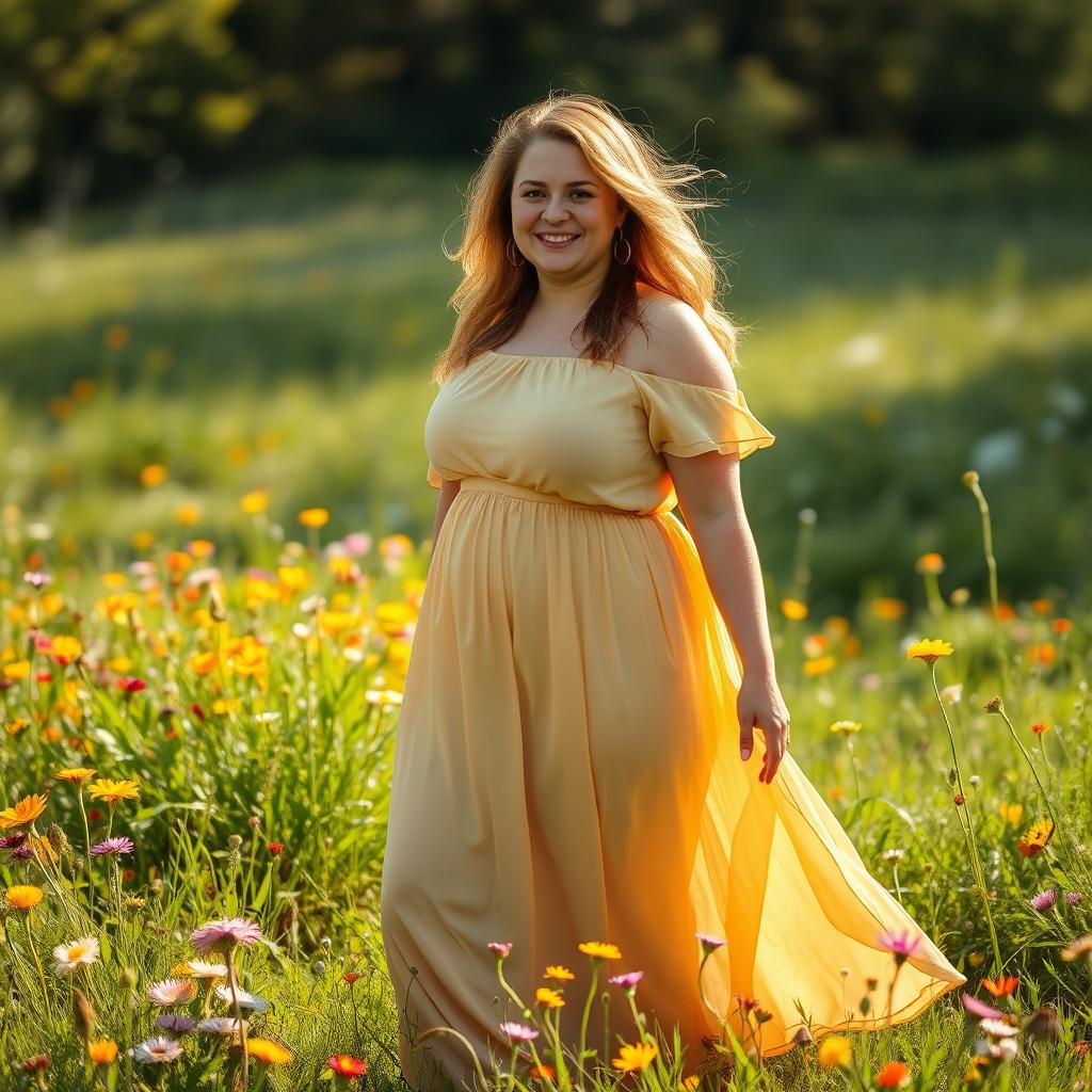 A beautiful and confident chubby woman standing in a sunlit meadow, surrounded by colorful wildflowers