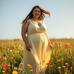 A beautiful and confident chubby woman standing in a sunlit meadow, surrounded by colorful wildflowers