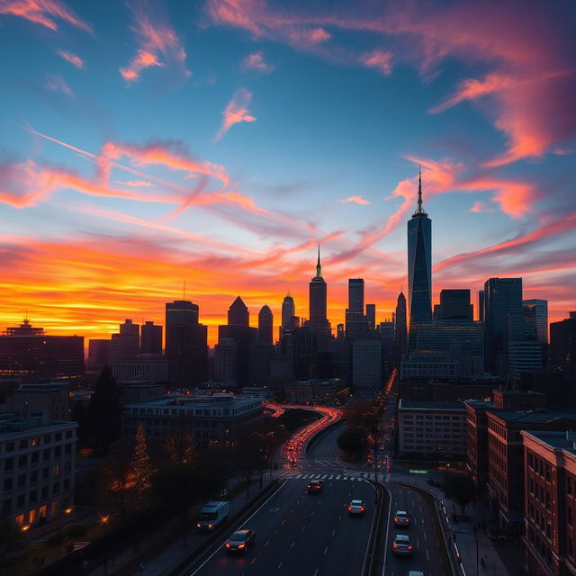 A breathtaking cityscape at sunset, the skyline silhouetted against a vibrant blend of oranges, pinks, and purples, with skyscrapers reflecting the warm hues of the setting sun