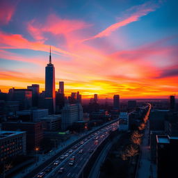 A breathtaking cityscape at sunset, the skyline silhouetted against a vibrant blend of oranges, pinks, and purples, with skyscrapers reflecting the warm hues of the setting sun