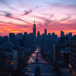 A breathtaking cityscape at sunset, the skyline silhouetted against a vibrant blend of oranges, pinks, and purples, with skyscrapers reflecting the warm hues of the setting sun