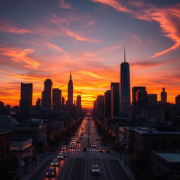 A breathtaking cityscape at sunset, the skyline silhouetted against a vibrant blend of oranges, pinks, and purples, with skyscrapers reflecting the warm hues of the setting sun