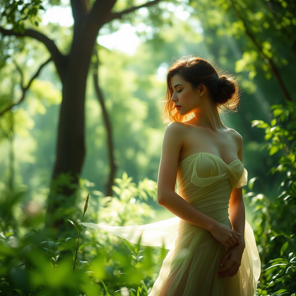 A serene and artistic depiction of a woman in a natural setting, with lush greenery and soft sunlight filtering through the trees, highlighting her form and creating an ethereal atmosphere