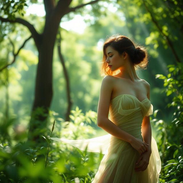 A serene and artistic depiction of a woman in a natural setting, with lush greenery and soft sunlight filtering through the trees, highlighting her form and creating an ethereal atmosphere