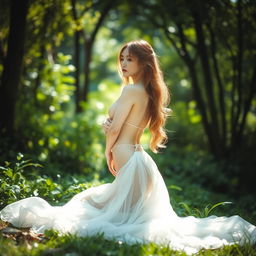 A serene and artistic depiction of a woman in a natural setting, with lush greenery and soft sunlight filtering through the trees, highlighting her form and creating an ethereal atmosphere