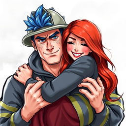 A realistic drawing of a strong, handsome firefighter with blue hair and freckles on his face, holding a red-haired woman in his arms