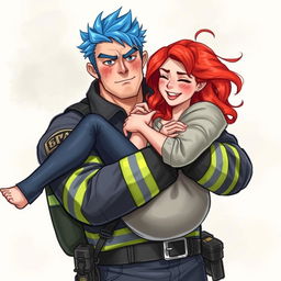 A realistic drawing of a strong, handsome firefighter with blue hair and freckles on his face, holding a red-haired woman in his arms