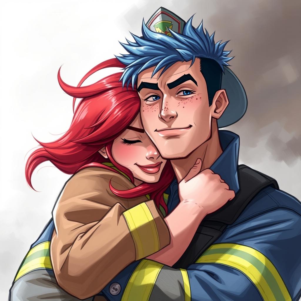 A realistic drawing of a strong, handsome firefighter with blue hair and freckles on his face, holding a red-haired woman in his arms